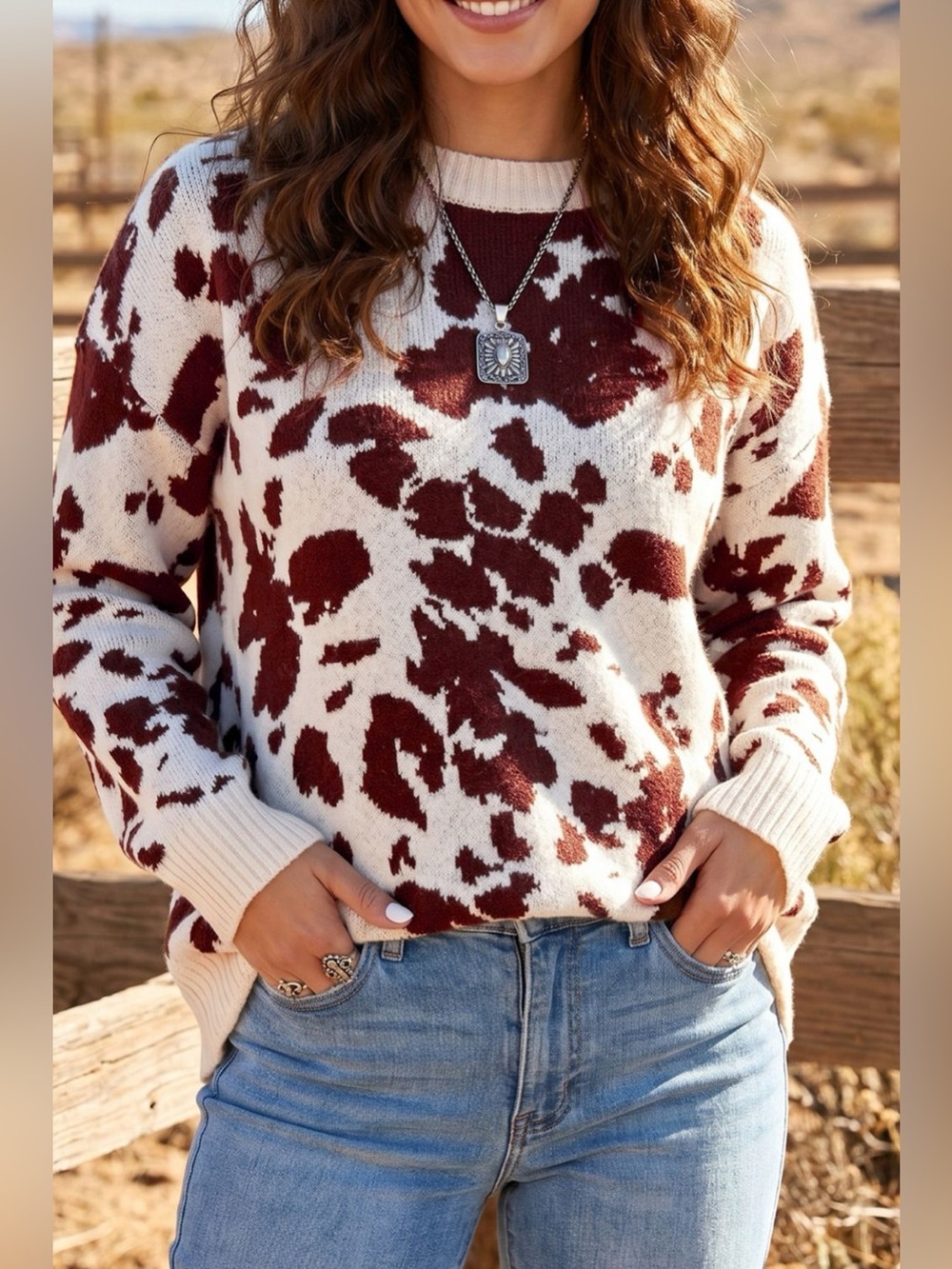 Western Print Cow Pattern Long Sleeve Round Neck Pullover Knitwear Sweater